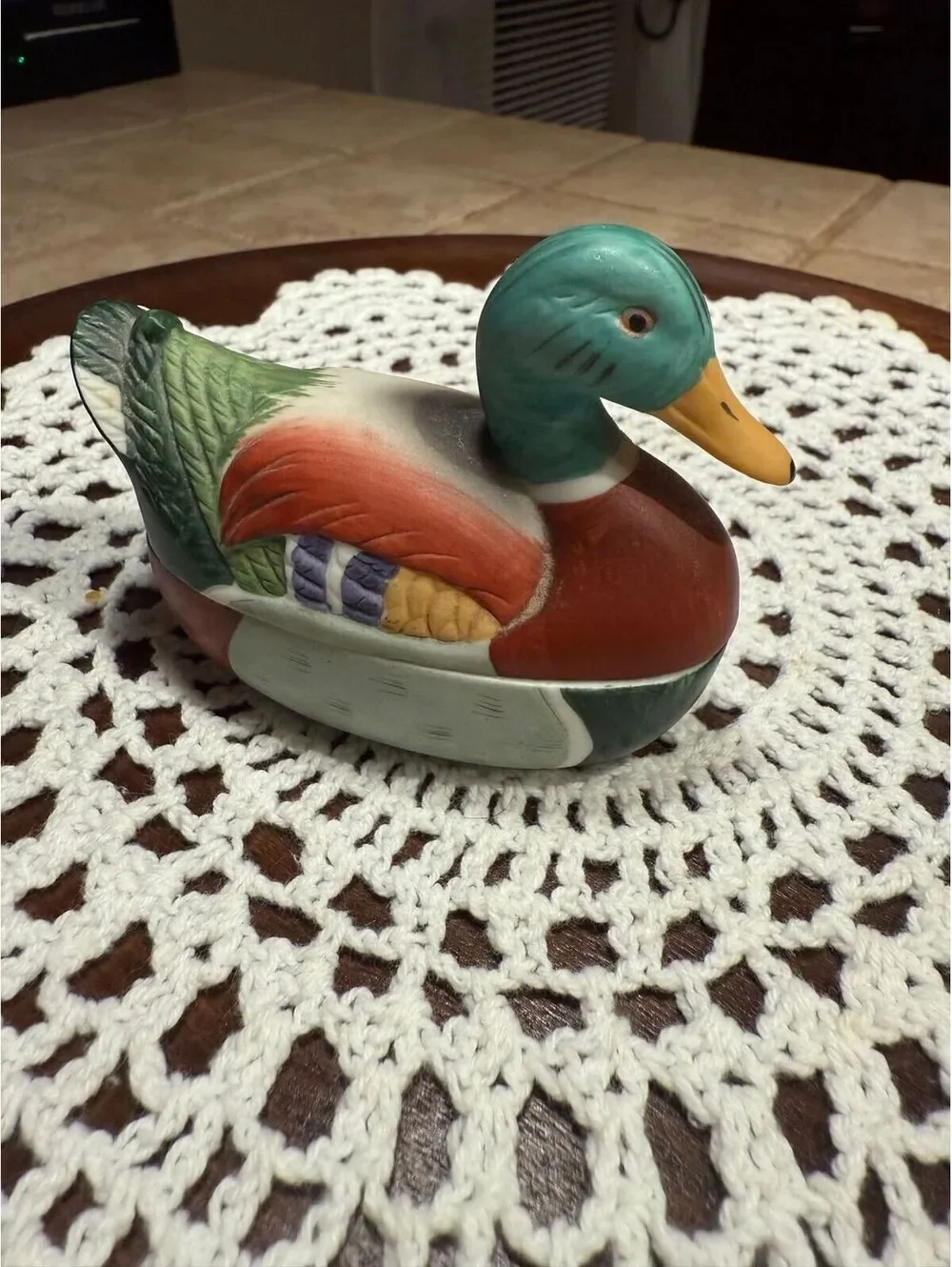 39.  Vintage Bisque Porcelain Mallard Duck Candleholder
